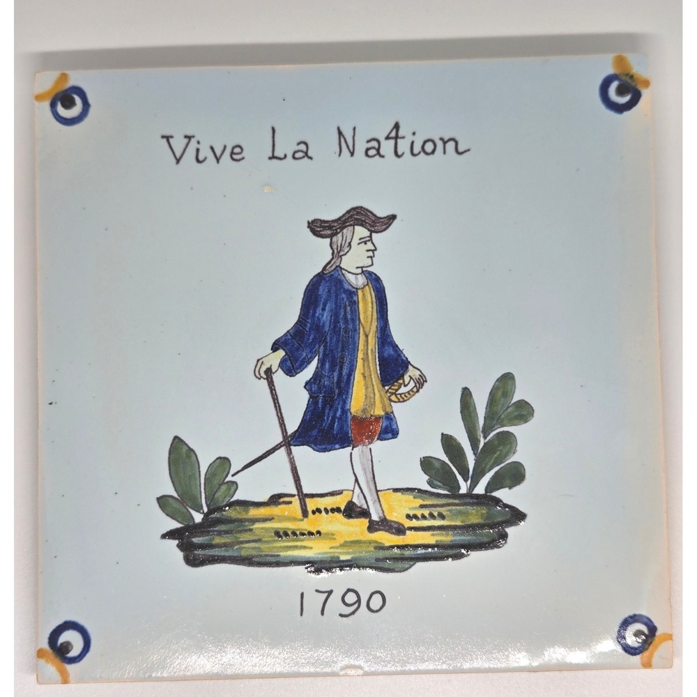 Vintage Geo Martel Tile – "Vive La Nation" 1790, Made in Desvres, France